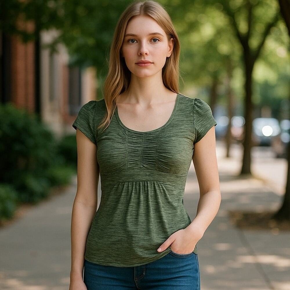 SPEECHLESS Ladies Green Top w/ Belt Tie Back Short Sleeve Tunic Top ~ Size S
